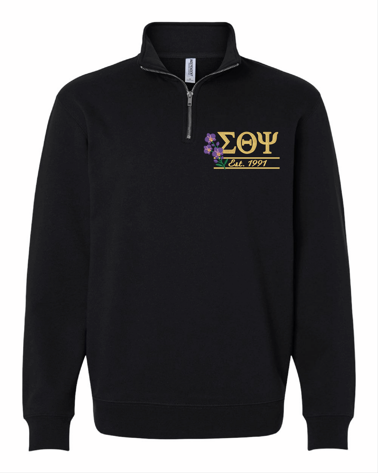 STP Black Quarter Zip Greek Letters + Orchids Sweater