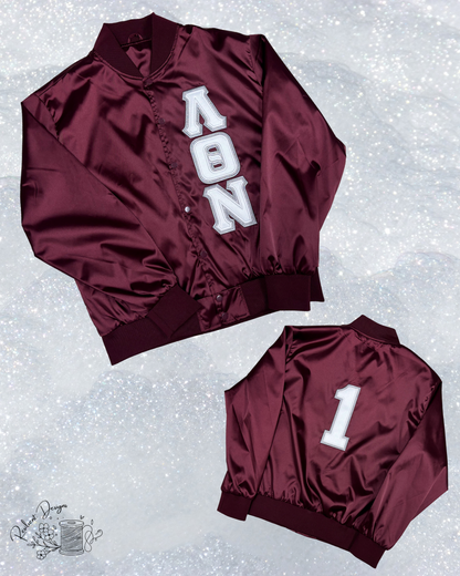 Maroon Satin Jacket Template #1 (Greek Letters + Number) *SHIPS IN 1-2 WEEKS*