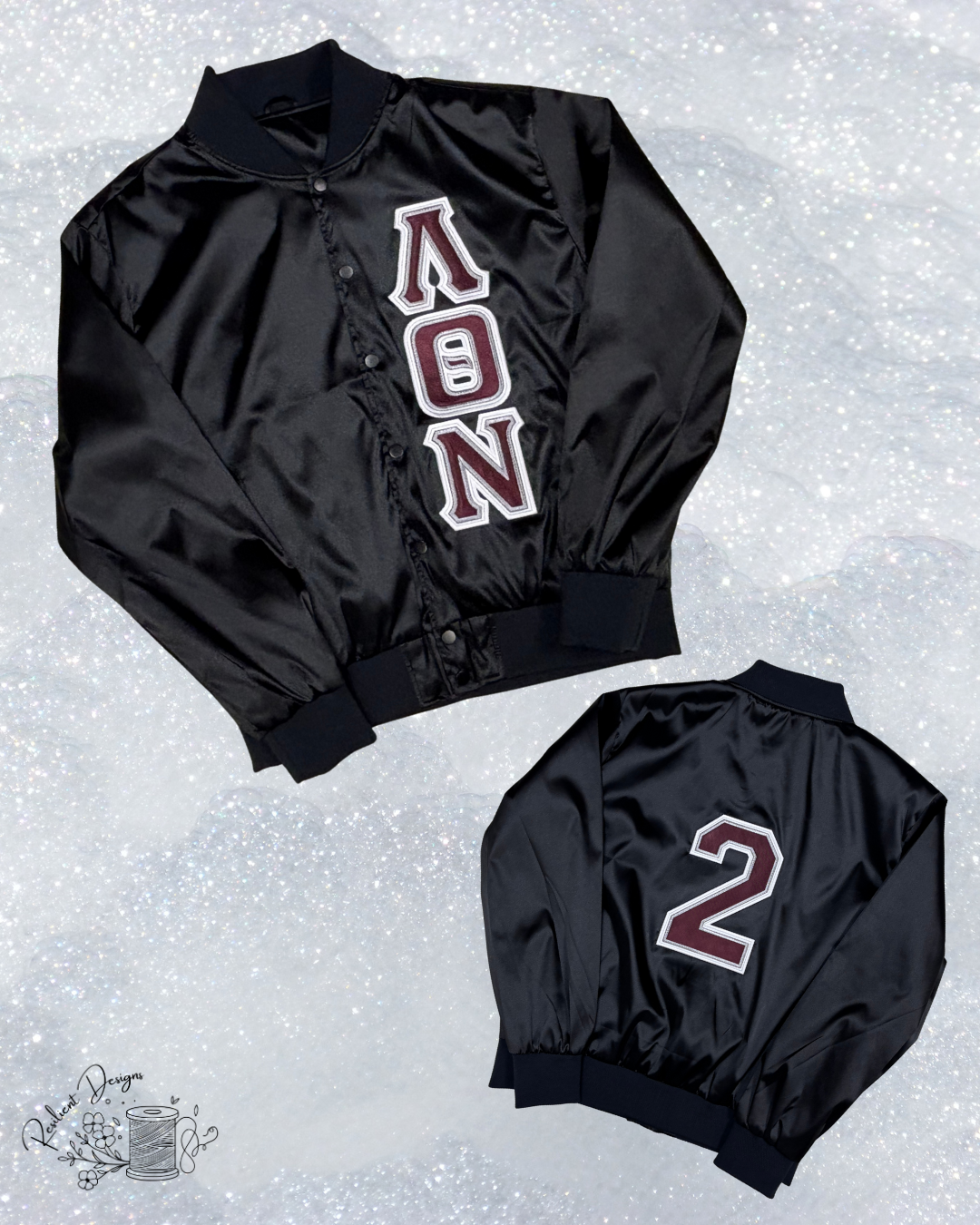 Black Satin Jacket Template #2 (Greek Letters + Number) *SHIPS IN 1-2 WEEKS*