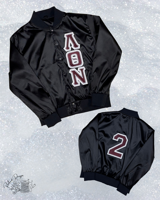 Black Satin Jacket Template #2 (Greek Letters + Number) *SHIPS IN 1-2 WEEKS*
