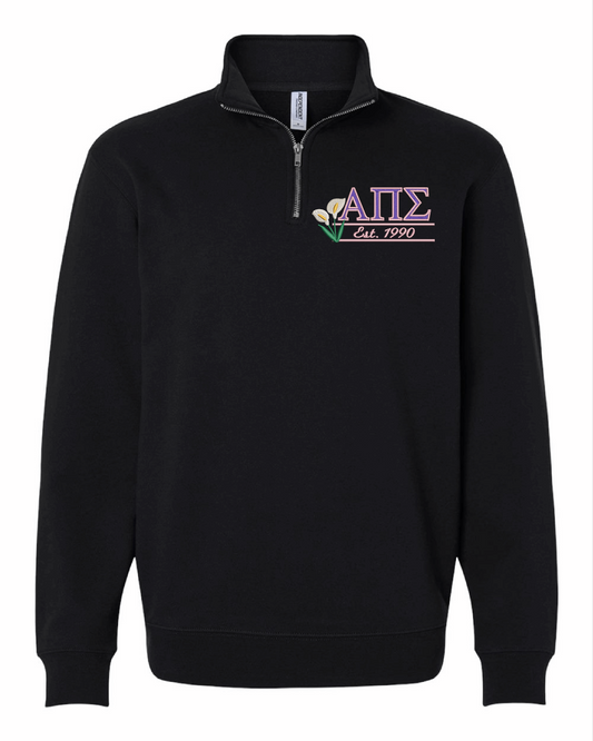 APS Black Quarter Zip Calla Lily + Founding Year Sweater